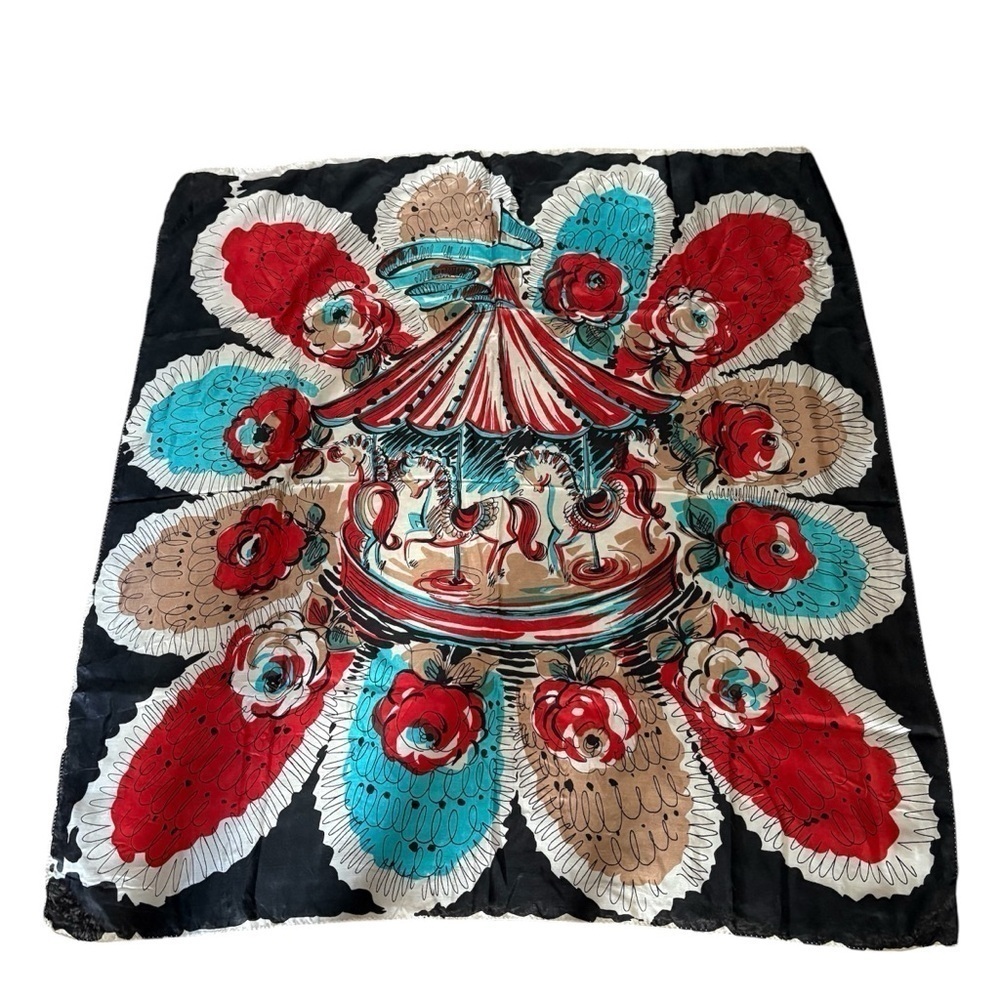 Vintage Carousel Large Scarf Wrap Colorful Black Blue Red Tan Floral